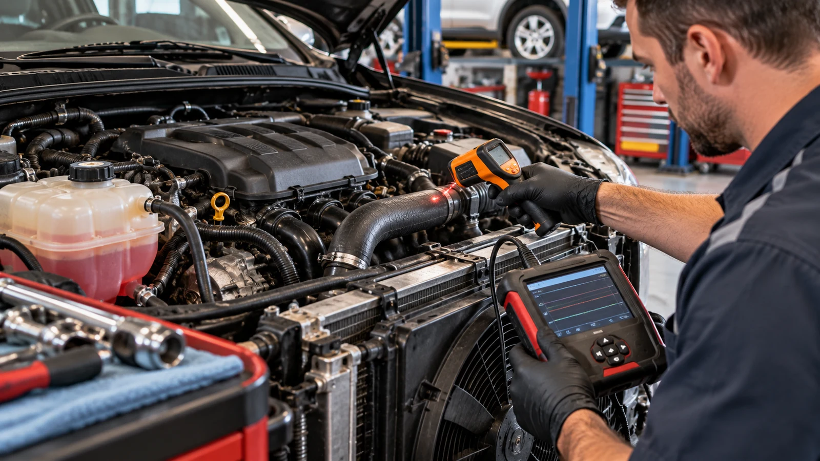 Technician diagnosing thermostat and water pump failure