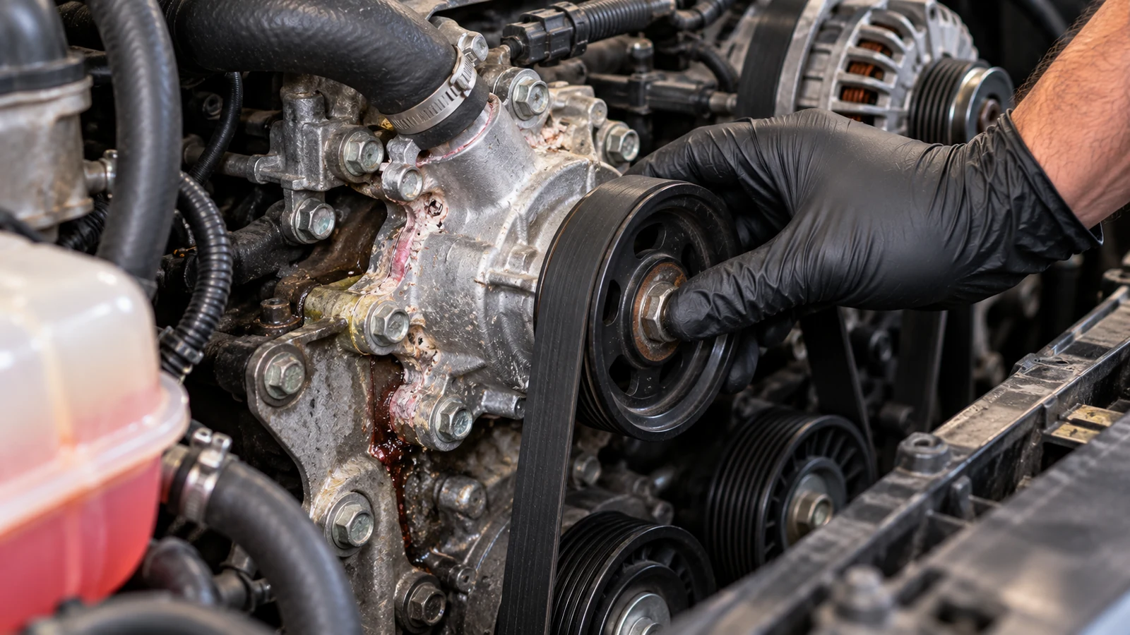Water pump leak and pulley inspection