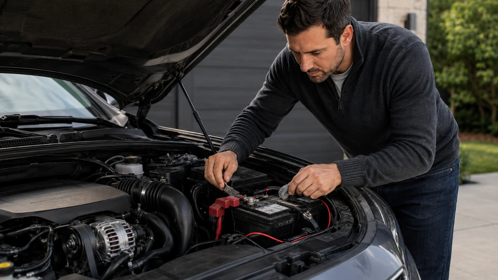 Inspecting car battery terminals and connections