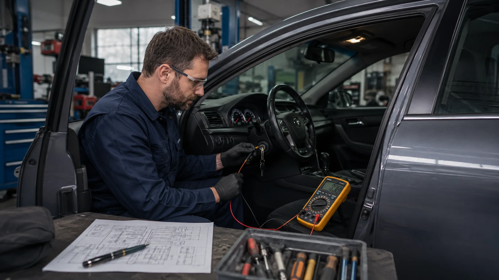 Technician using a multimeter to test an ignition circuit