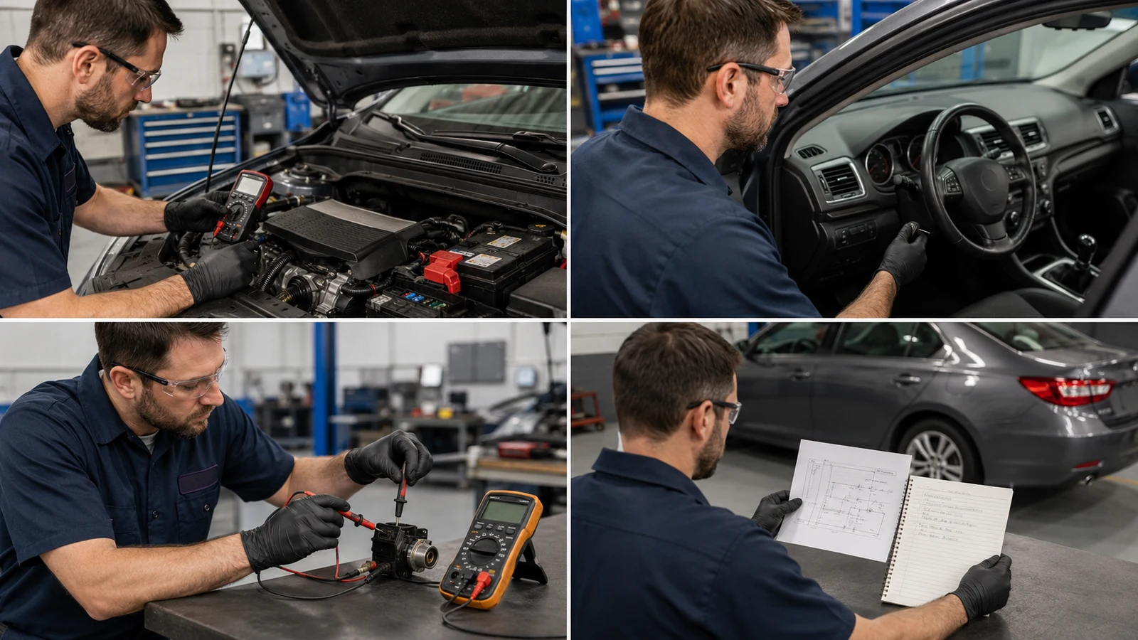 Mechanic performing four initial checks on a vehicle ignition system