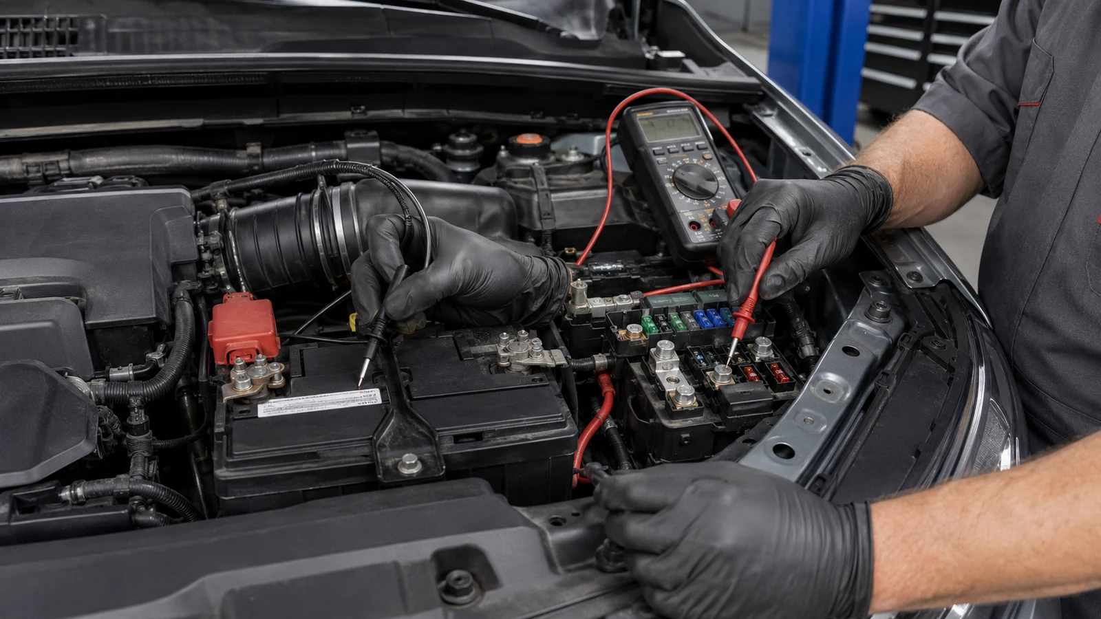 Mechanic checking battery and main power connections under the hood