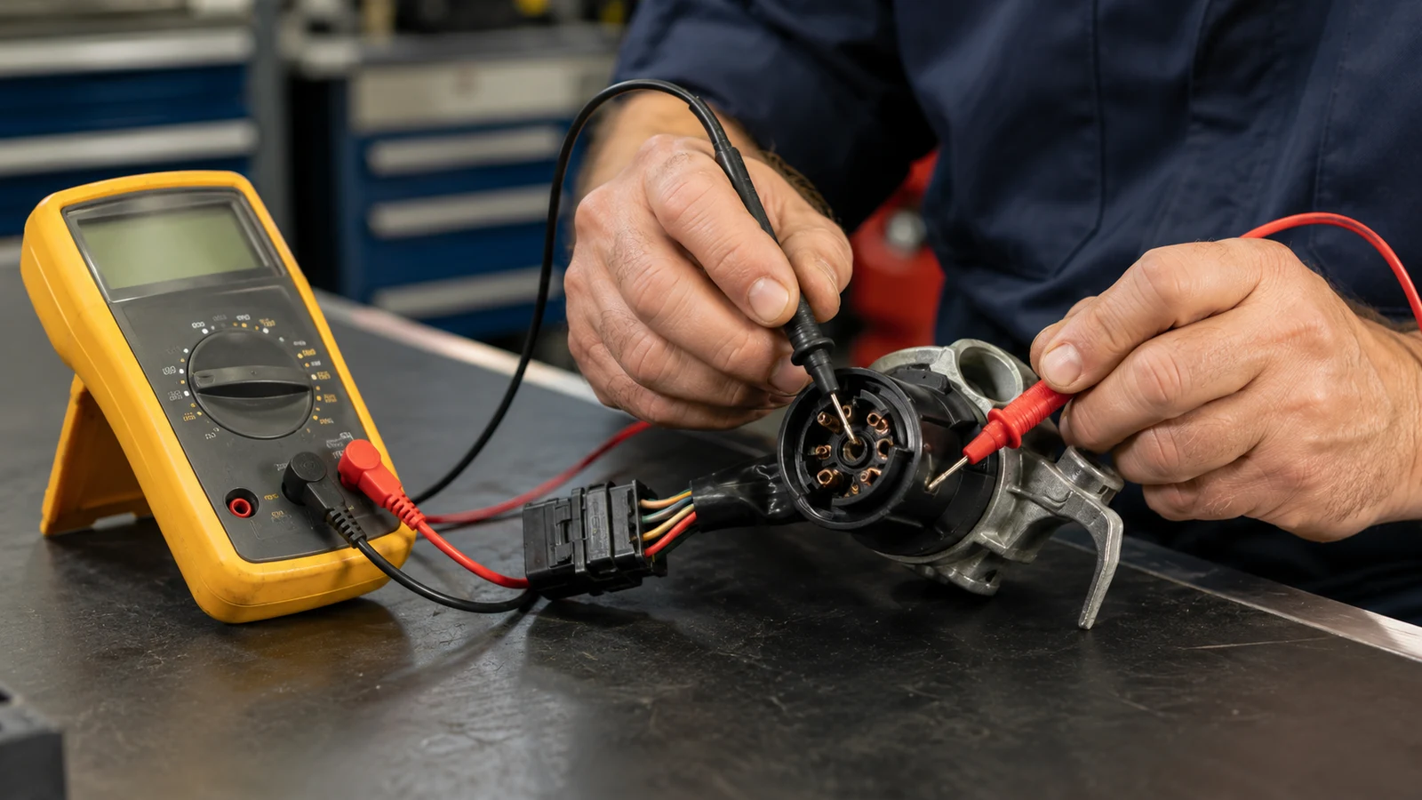 Mechanic testing disconnected ignition-switch continuity with a multimeter