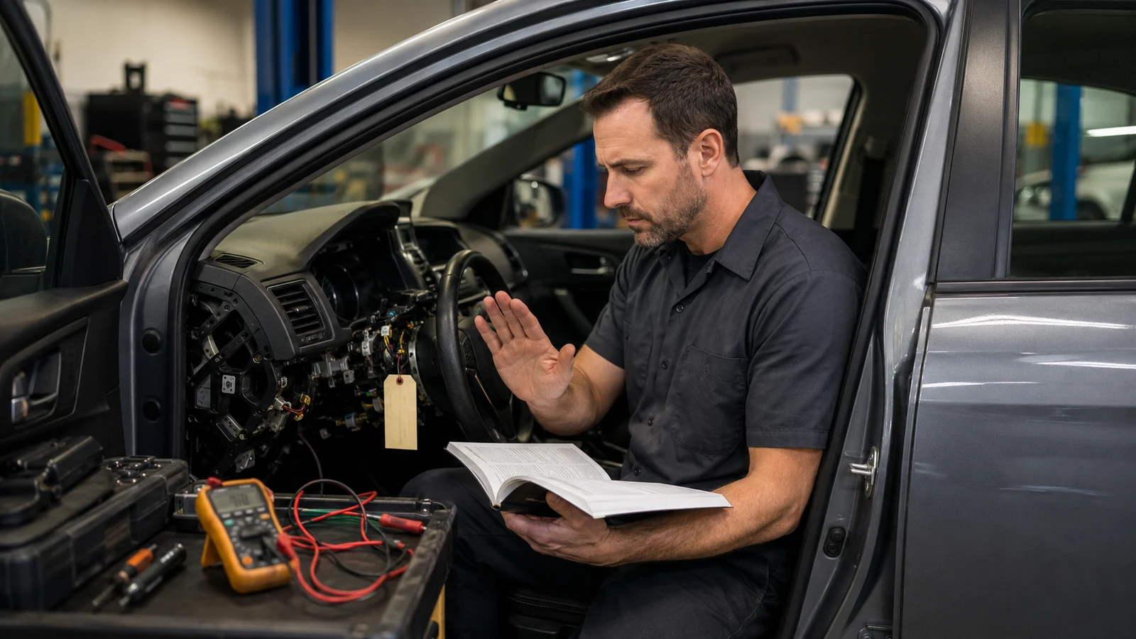 Technician pausing to review wiring information before powered ignition testing