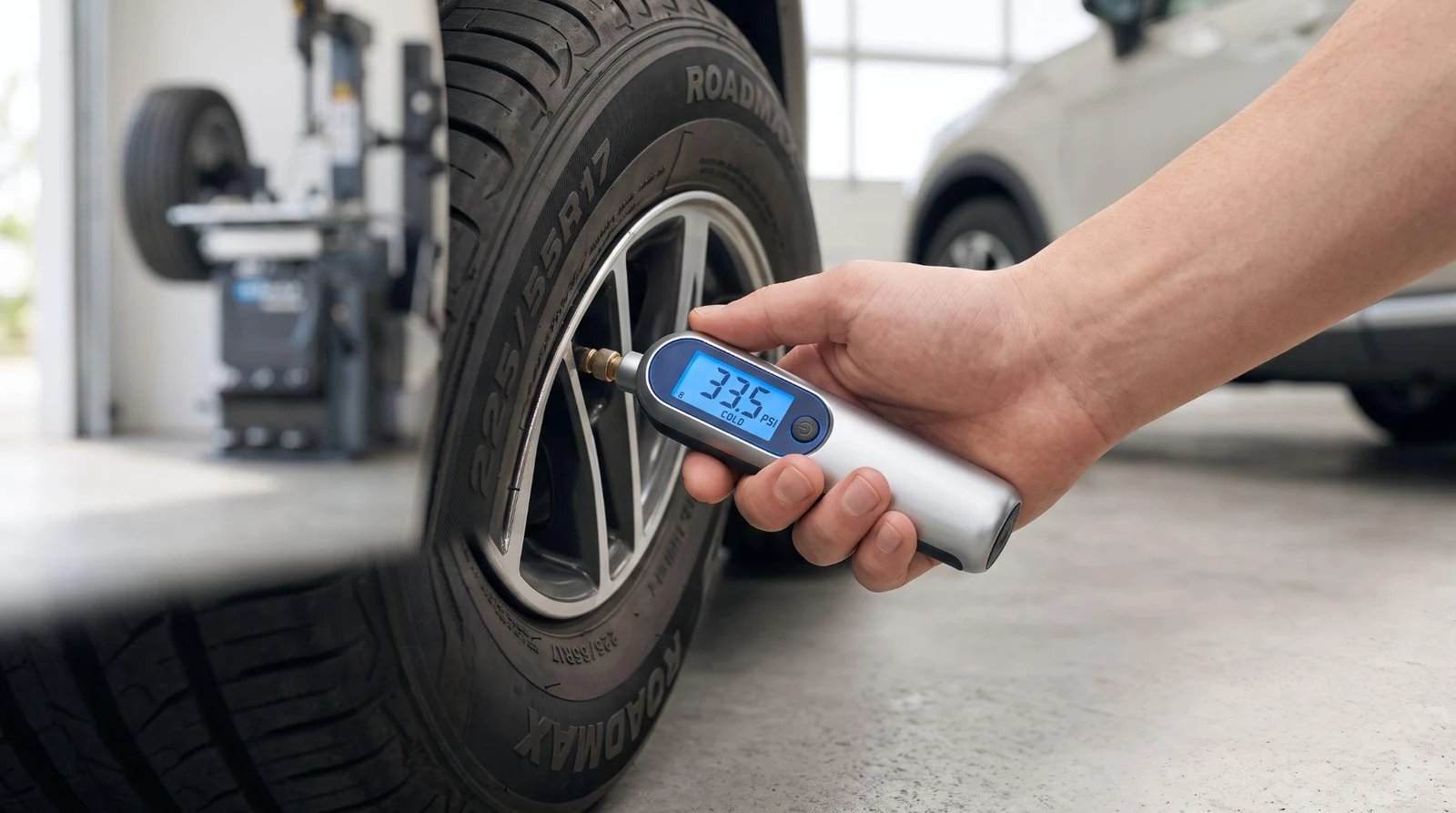 Hand holding digital gauge on tire valve.