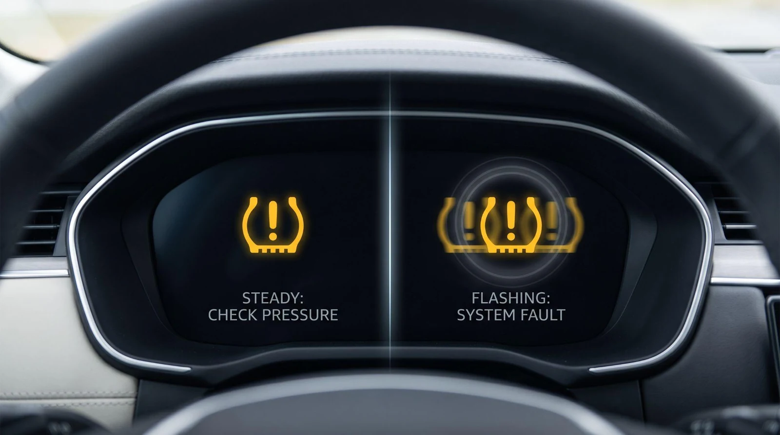 Split screen: steady versus flashing TPMS symbols.