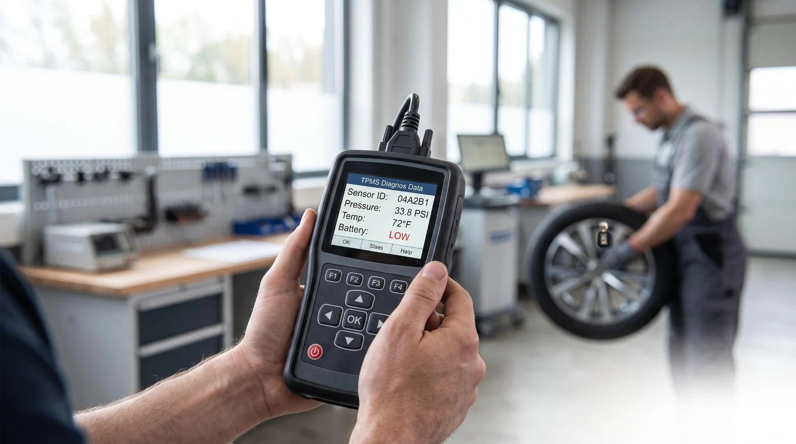 Mechanic using direct TPMS diagnostic scanner.