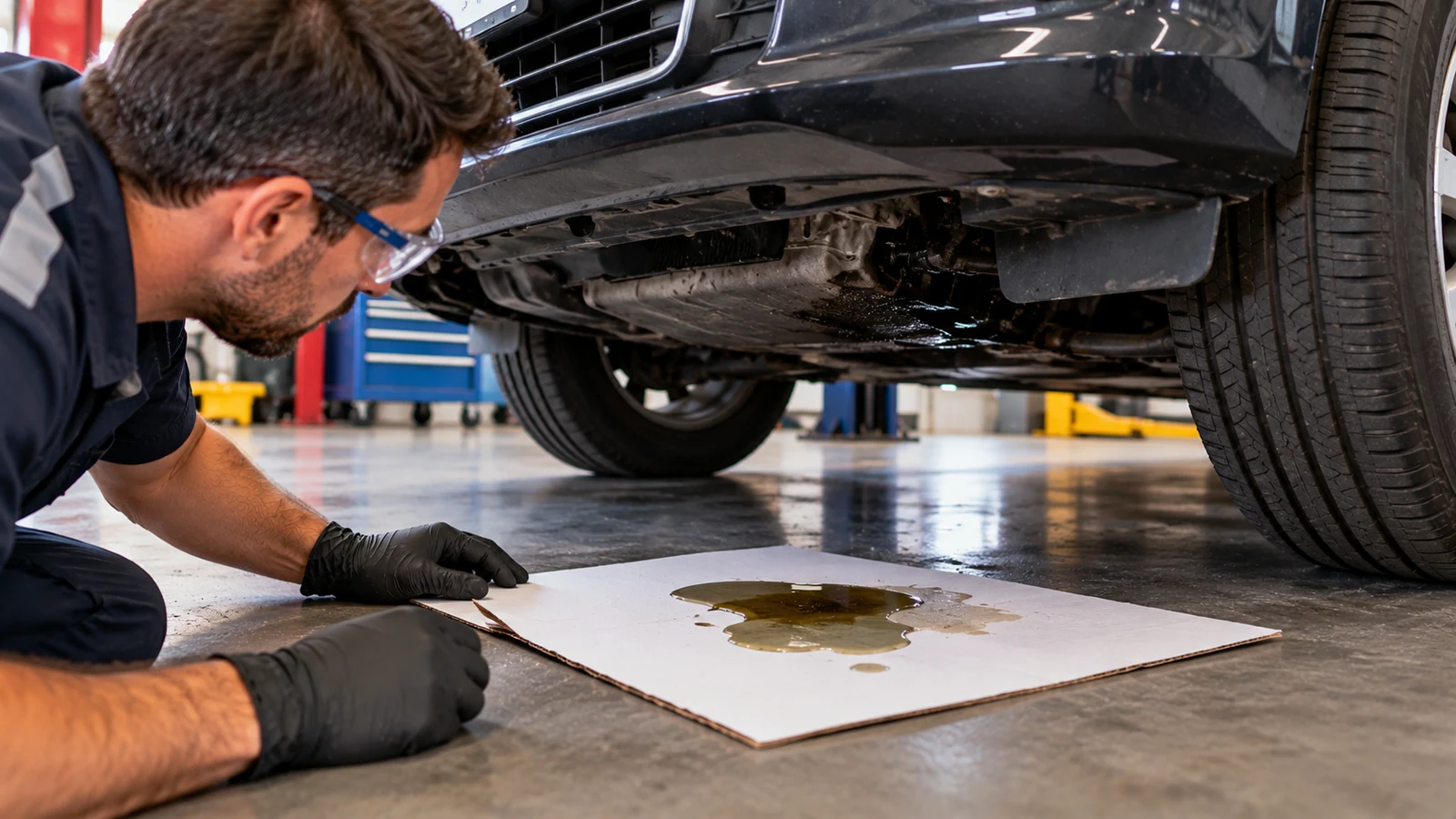 Driver checking fluid puddle on white cardboard