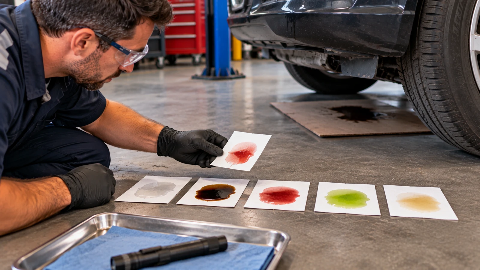 Automotive fluid samples compared during leak diagnosis