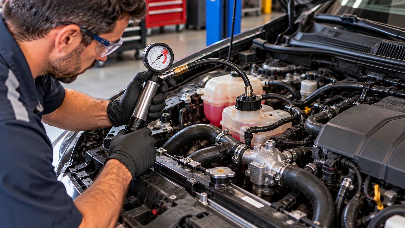 Technician pressure testing cooling system for leaks