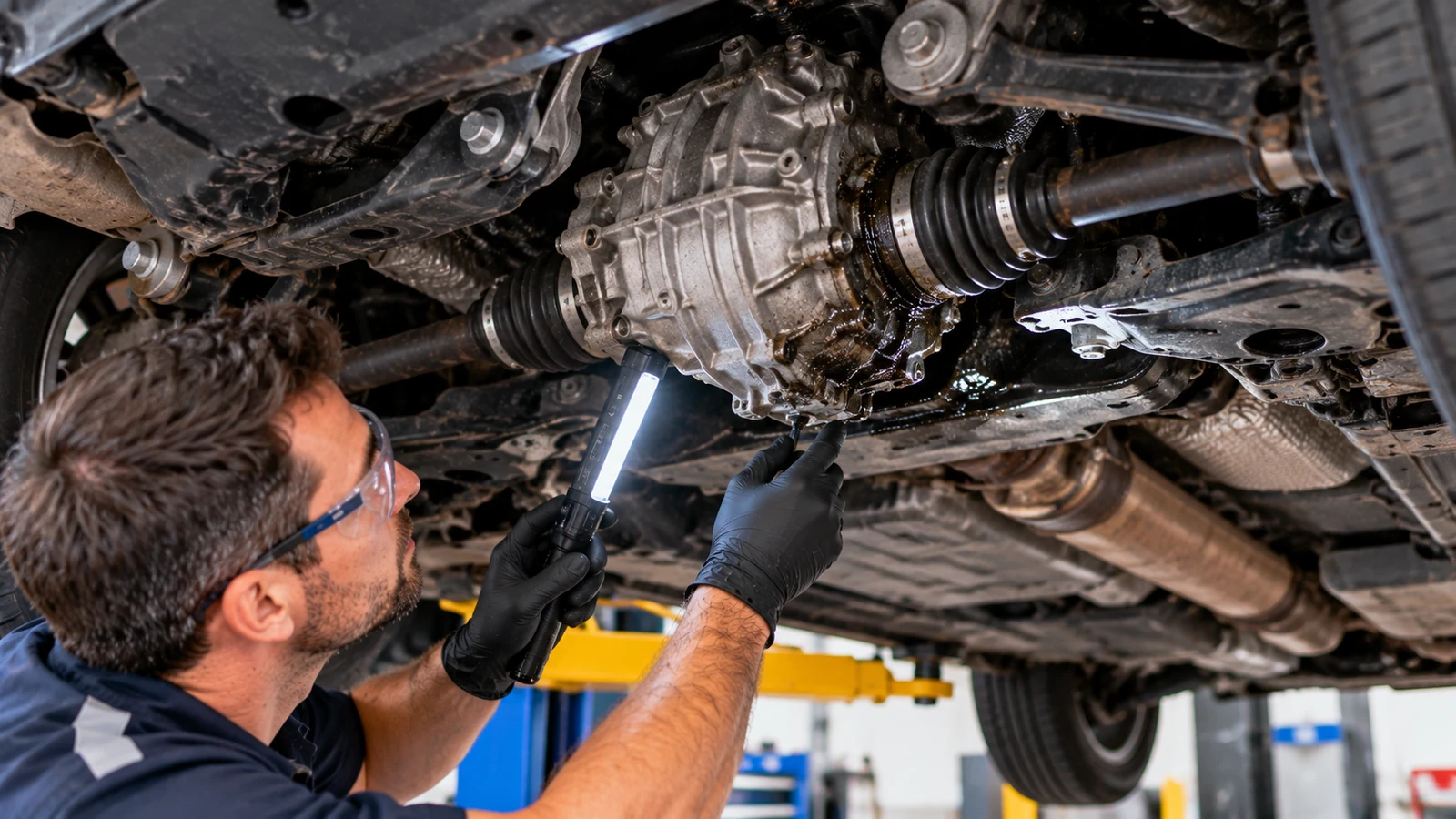 Mechanic inspecting AWD differential for gear oil leak