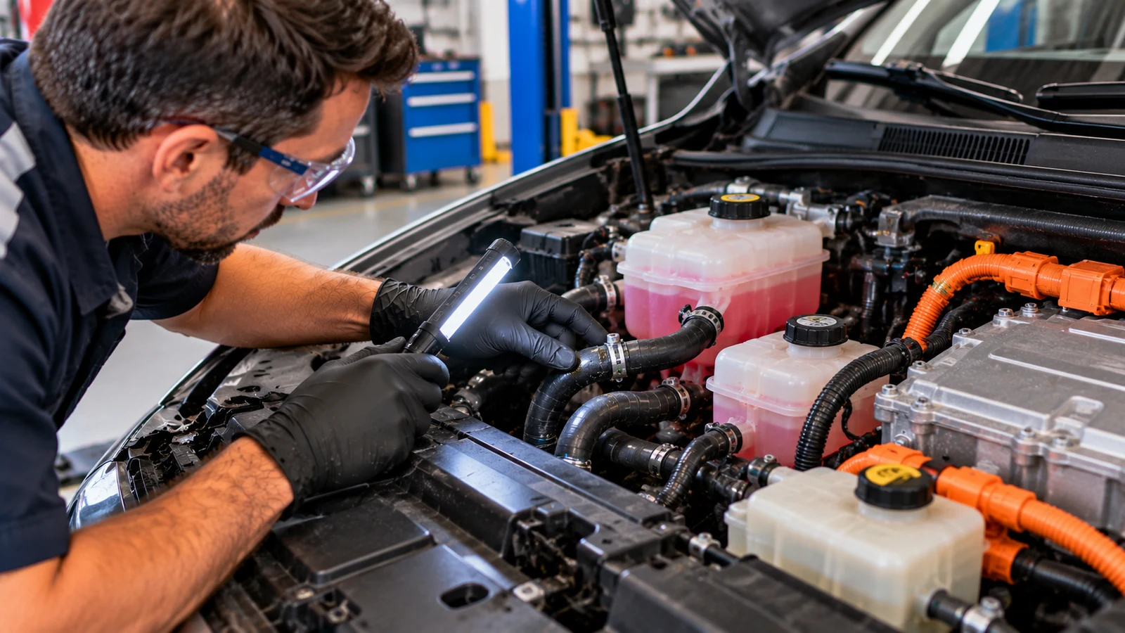 Technician checking hybrid cooling system leak points