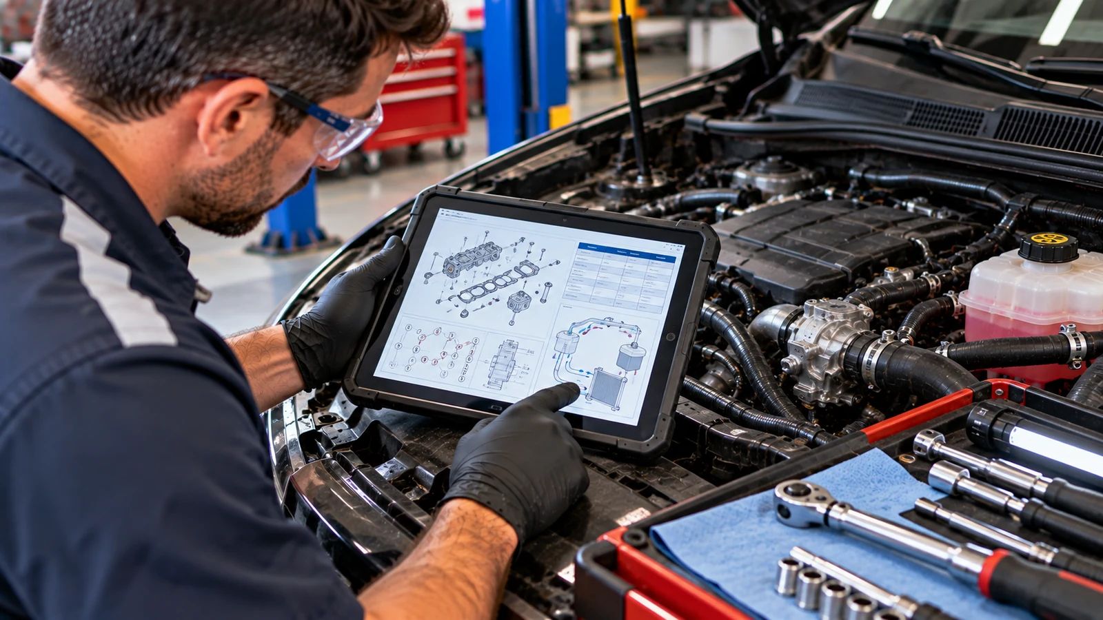 Mechanic reviewing vehicle-specific leak repair procedures