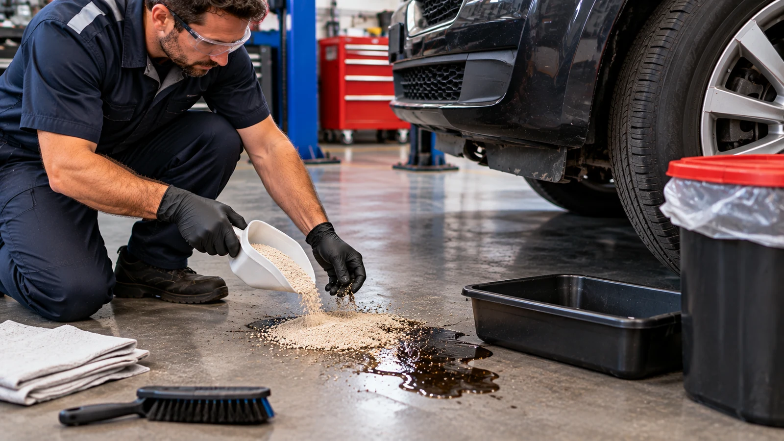 Absorbent cleaning automotive fluid spill in garage