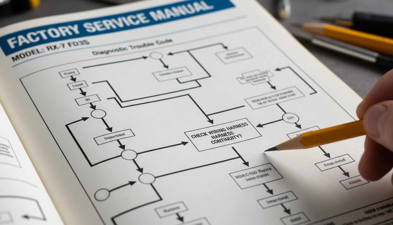 Technician diagnosing engine misfire using digital factory manual