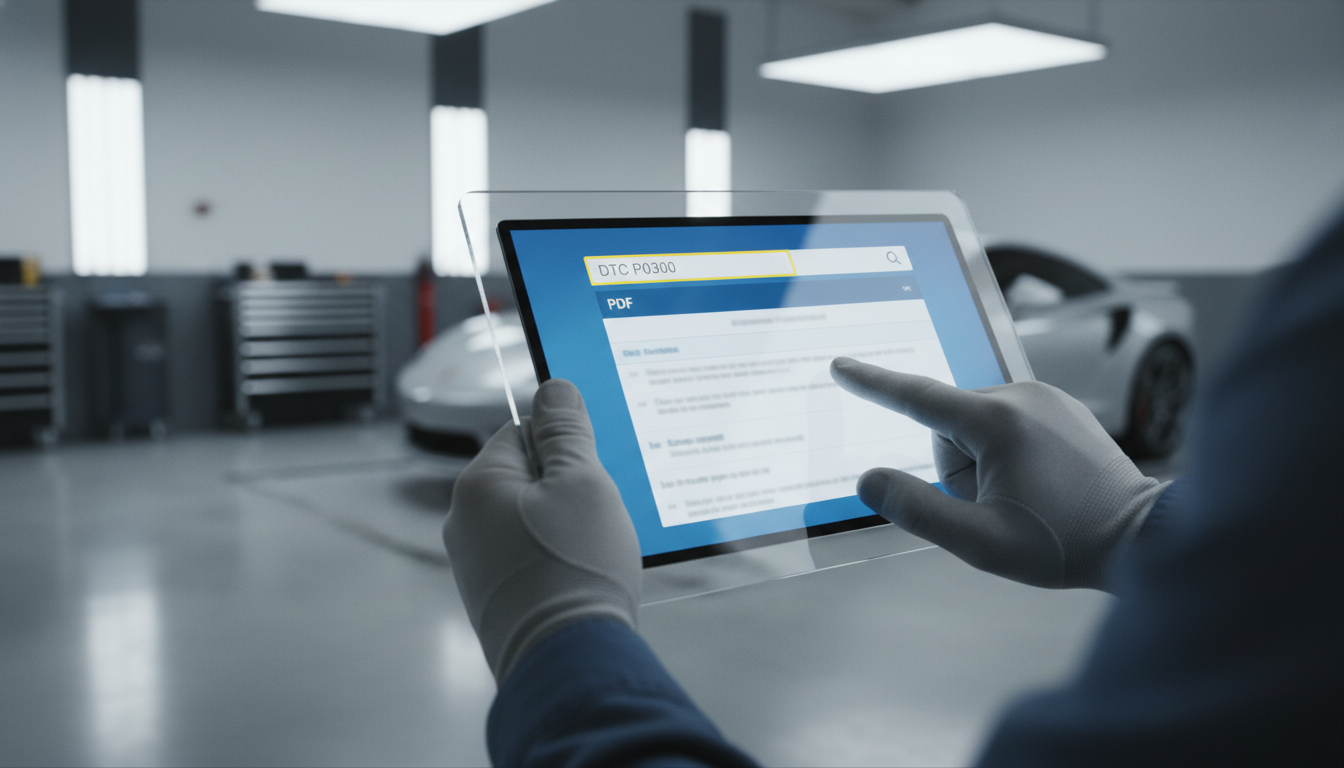 Hand using a digital tablet to search for specific misfire diagnostic codes in a factory manual