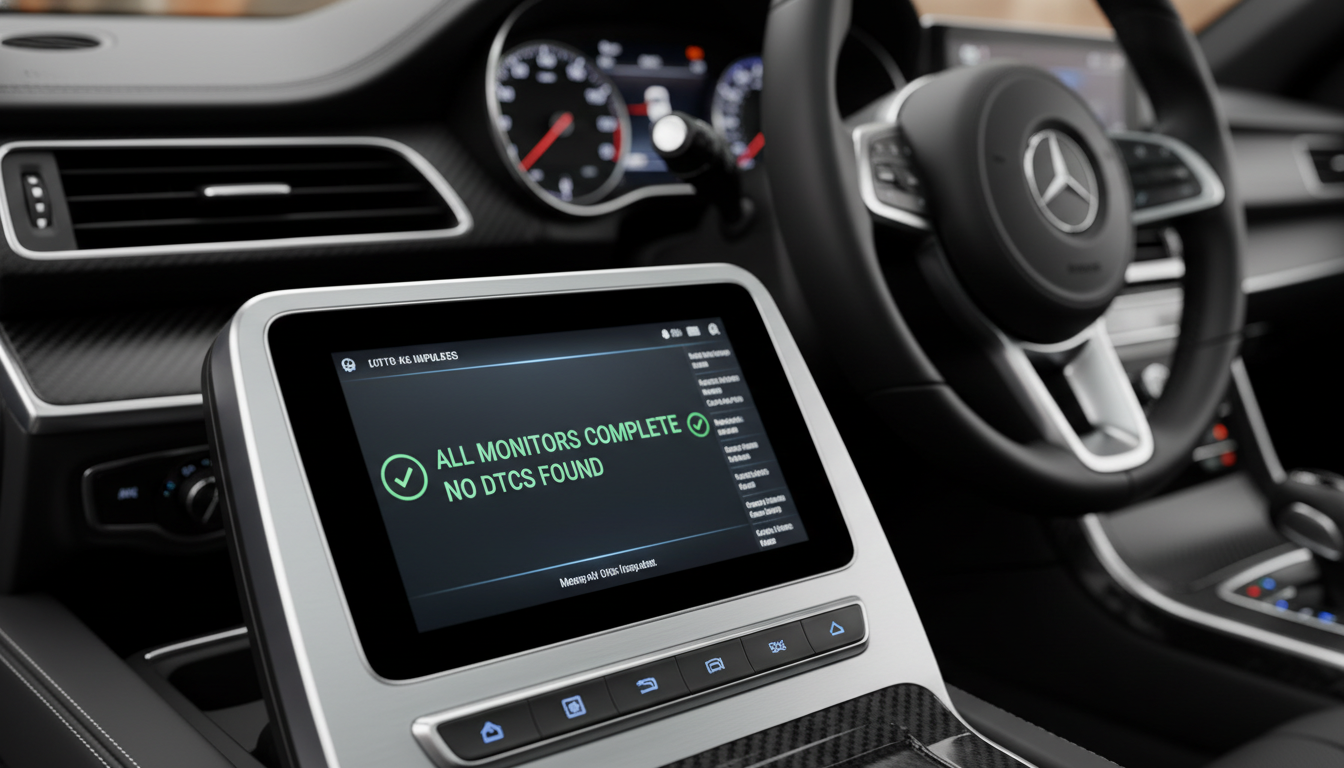 A diagnostic scan tool screen confirming that all engine monitors have passed after a repair