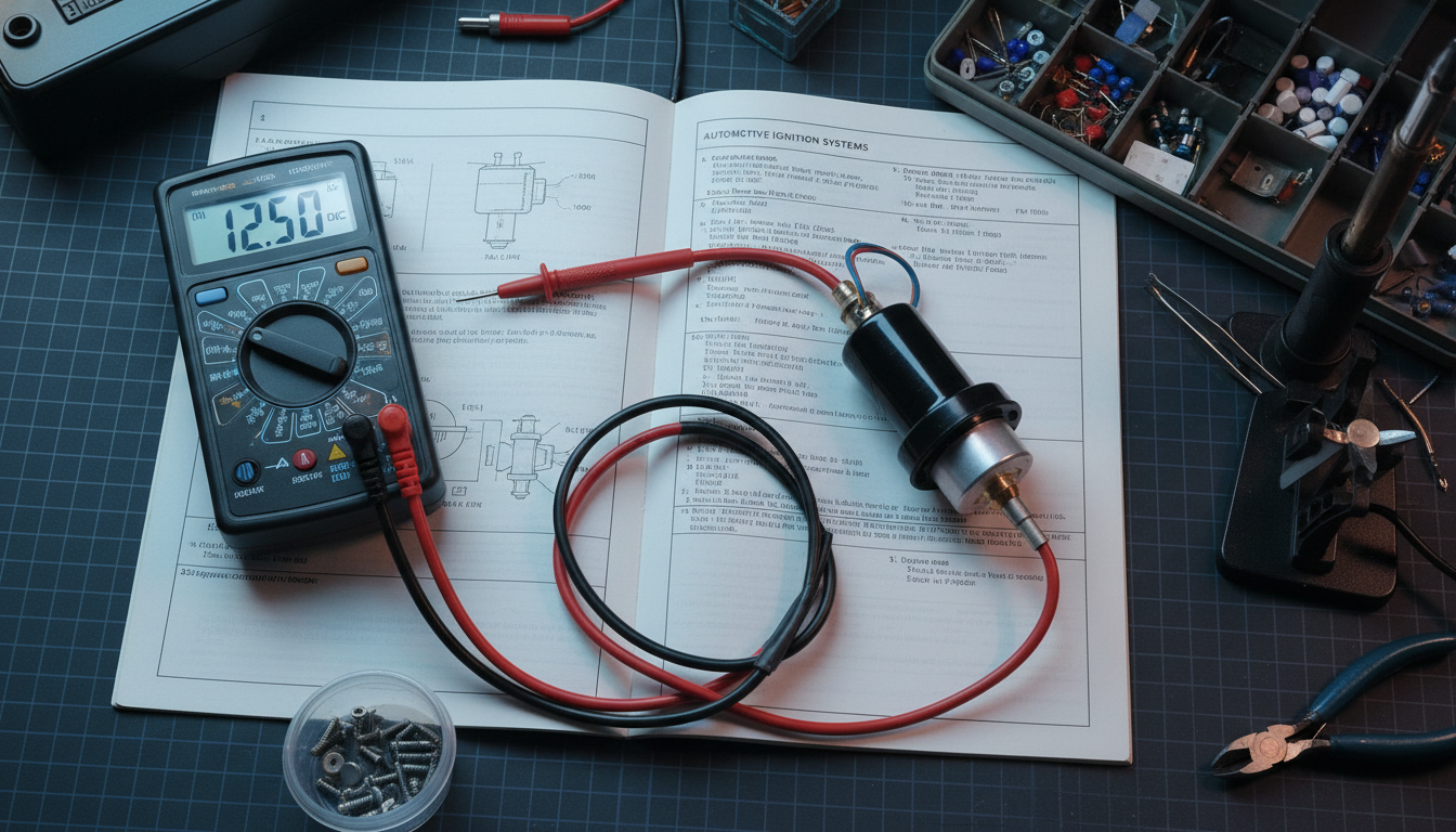 Close-up of a factory service manual showing a detailed diagnostic flowchart for engine repairs