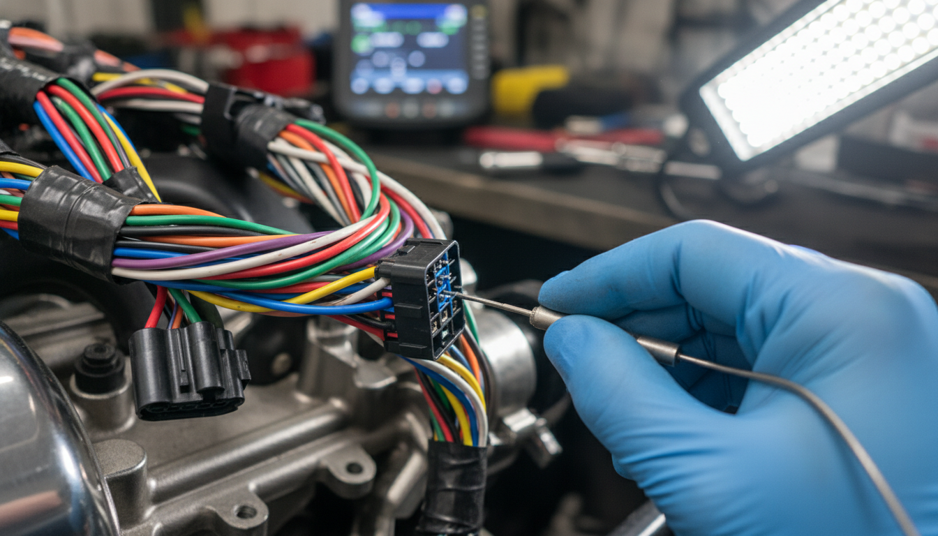 Detailed view of an engine wiring harness being tested with a back-probe tool according to a wiring diagram