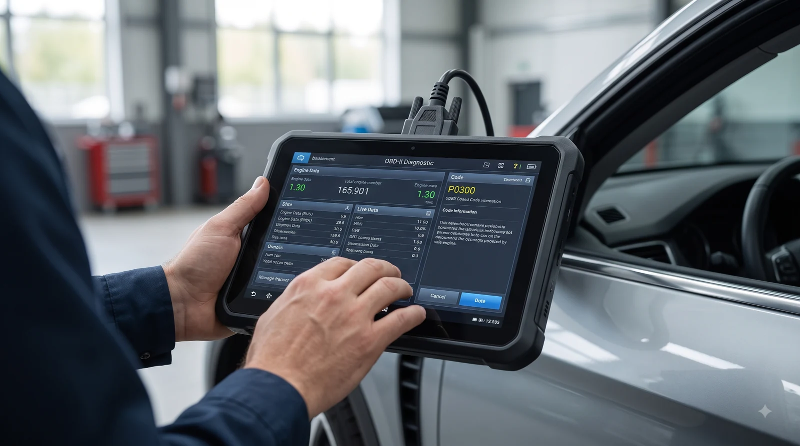 Professional technician checking P0300 engine code data.