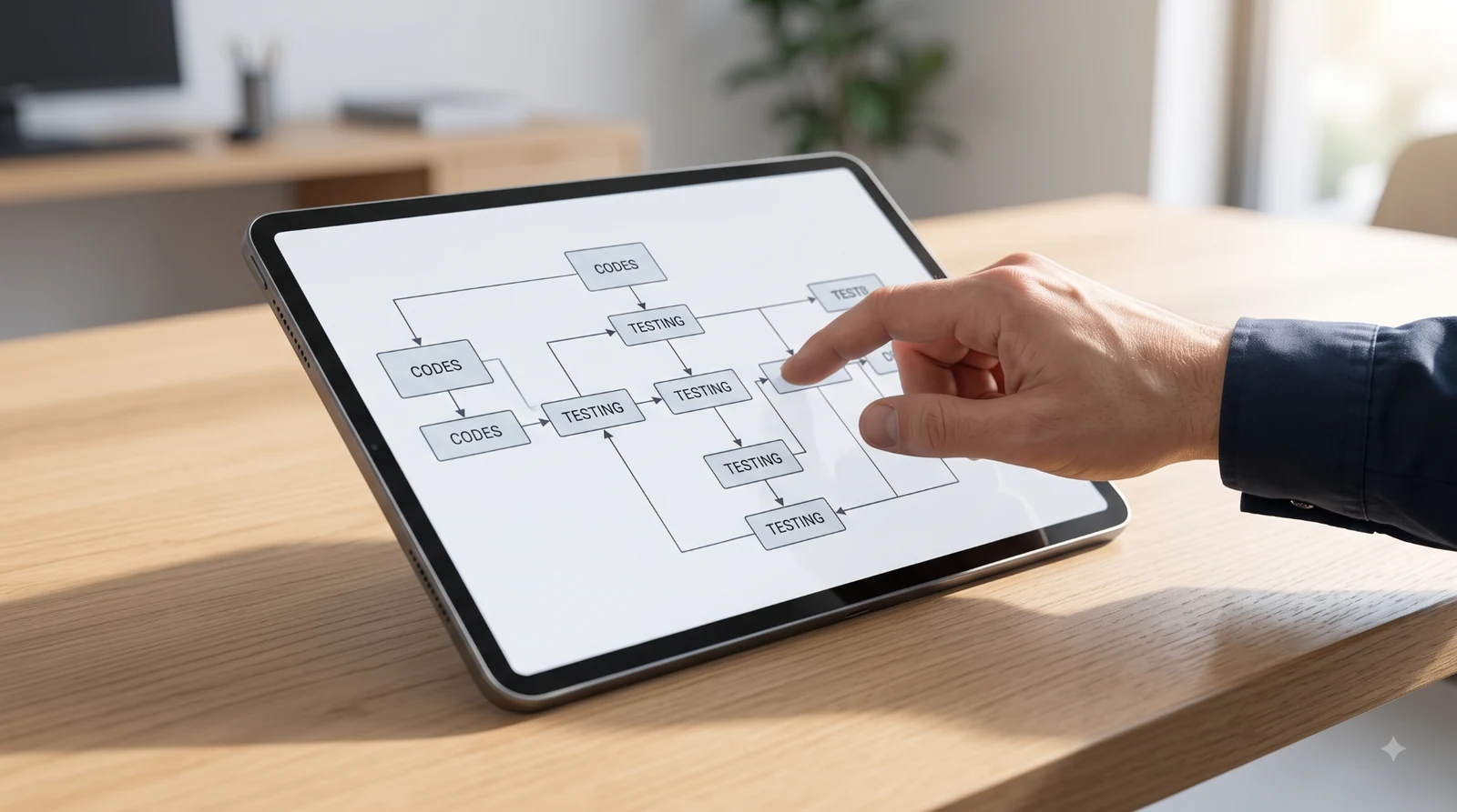 Technician analyzing engine diagnostic flowchart on tablet.