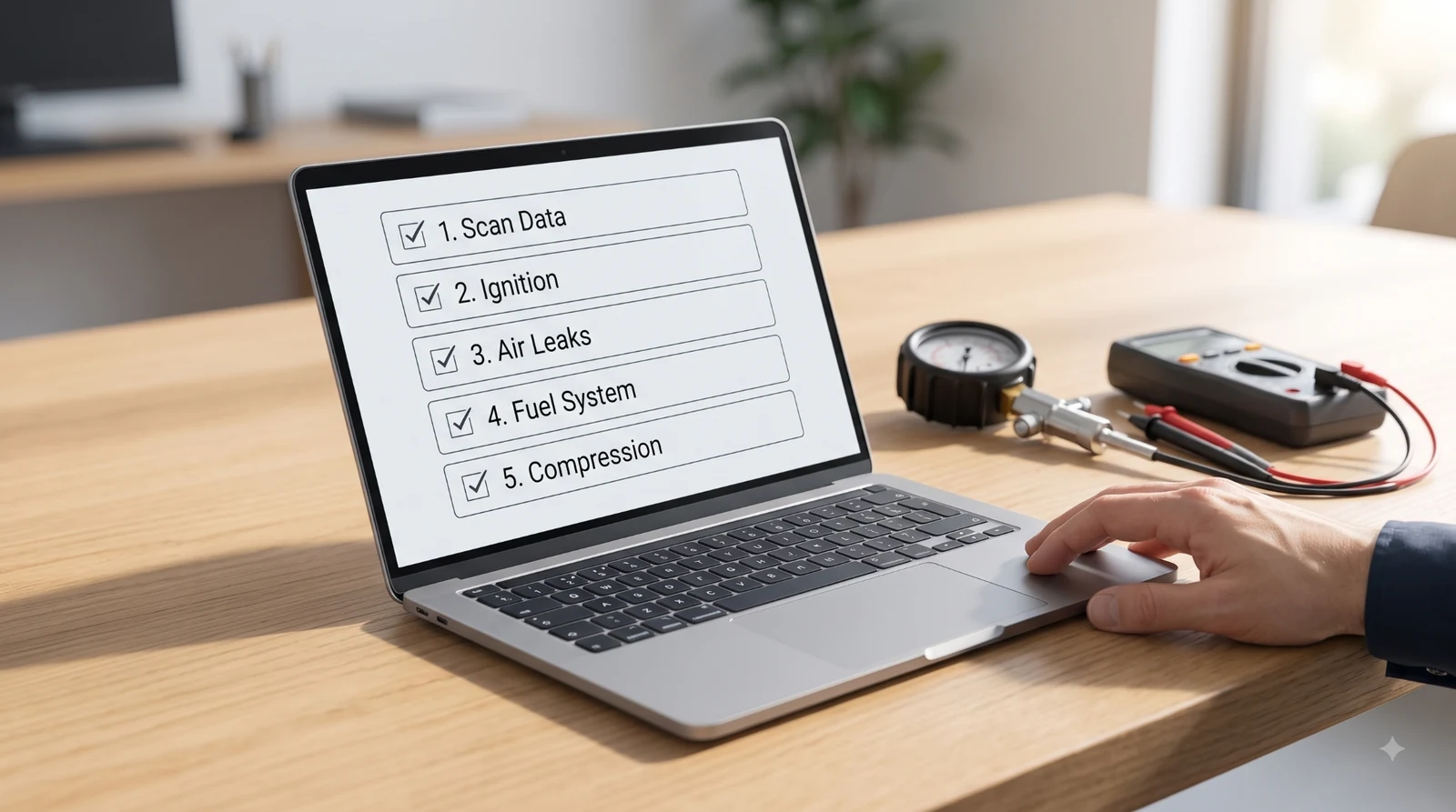Laptop checklist for P0300 engine checks.