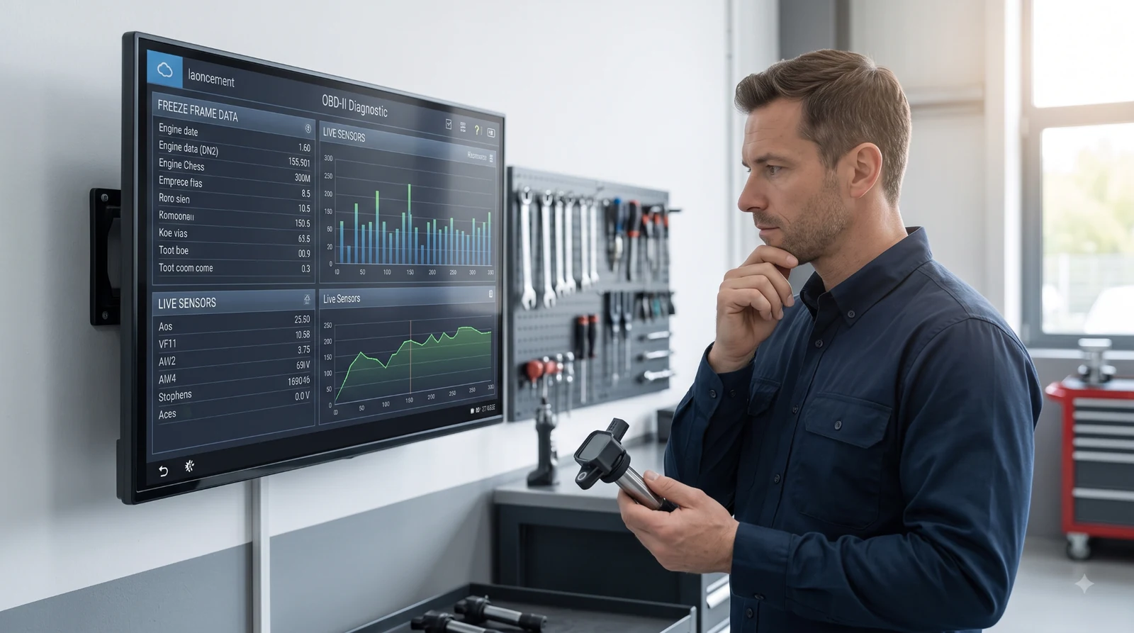 Technician analyzing freeze frame engine data.