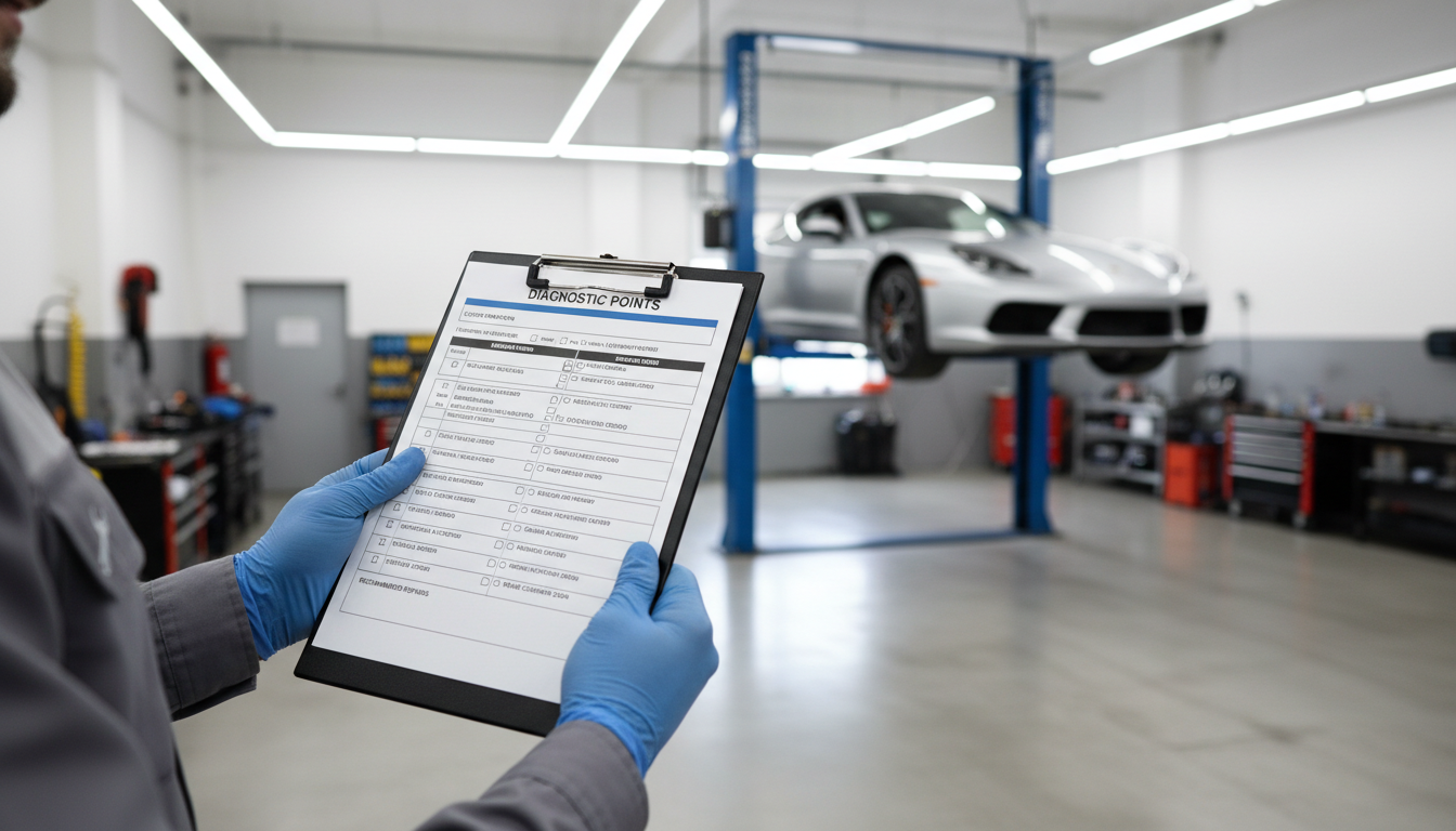 A mechanic holding a structured diagnostic checklist in a professional shop