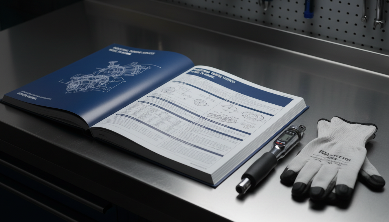 An open printed factory service manual on a professional workbench