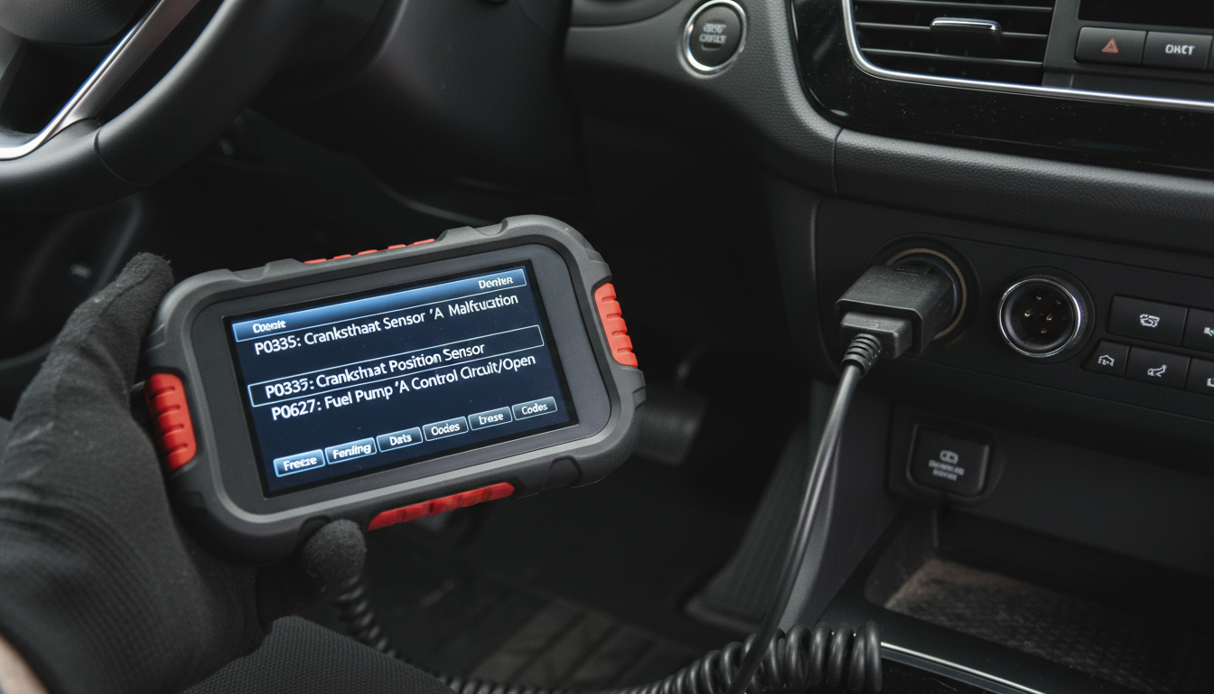 A professional diagnostic scanner displaying engine trouble codes