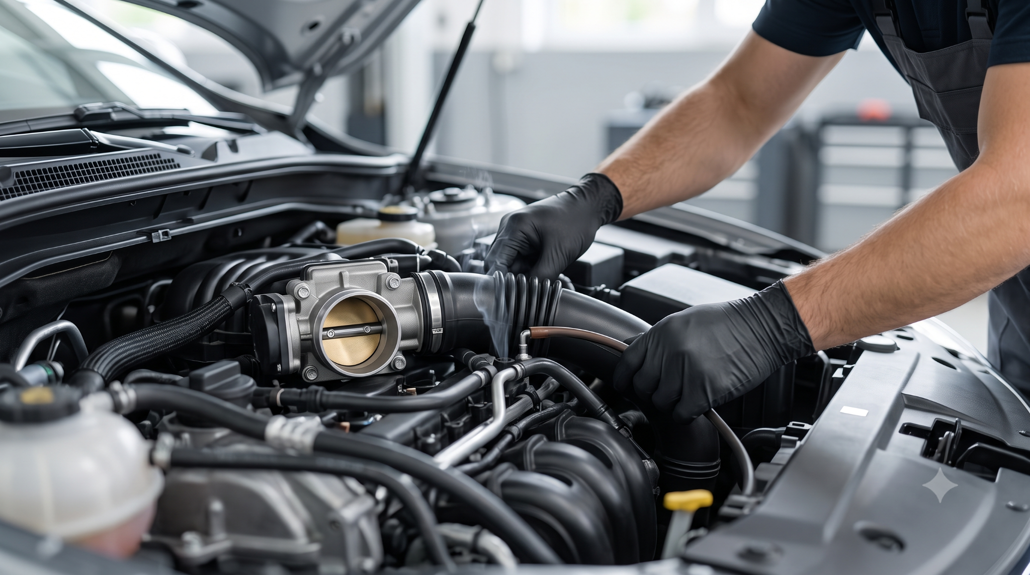 Mechanic checking engine vacuum leak
