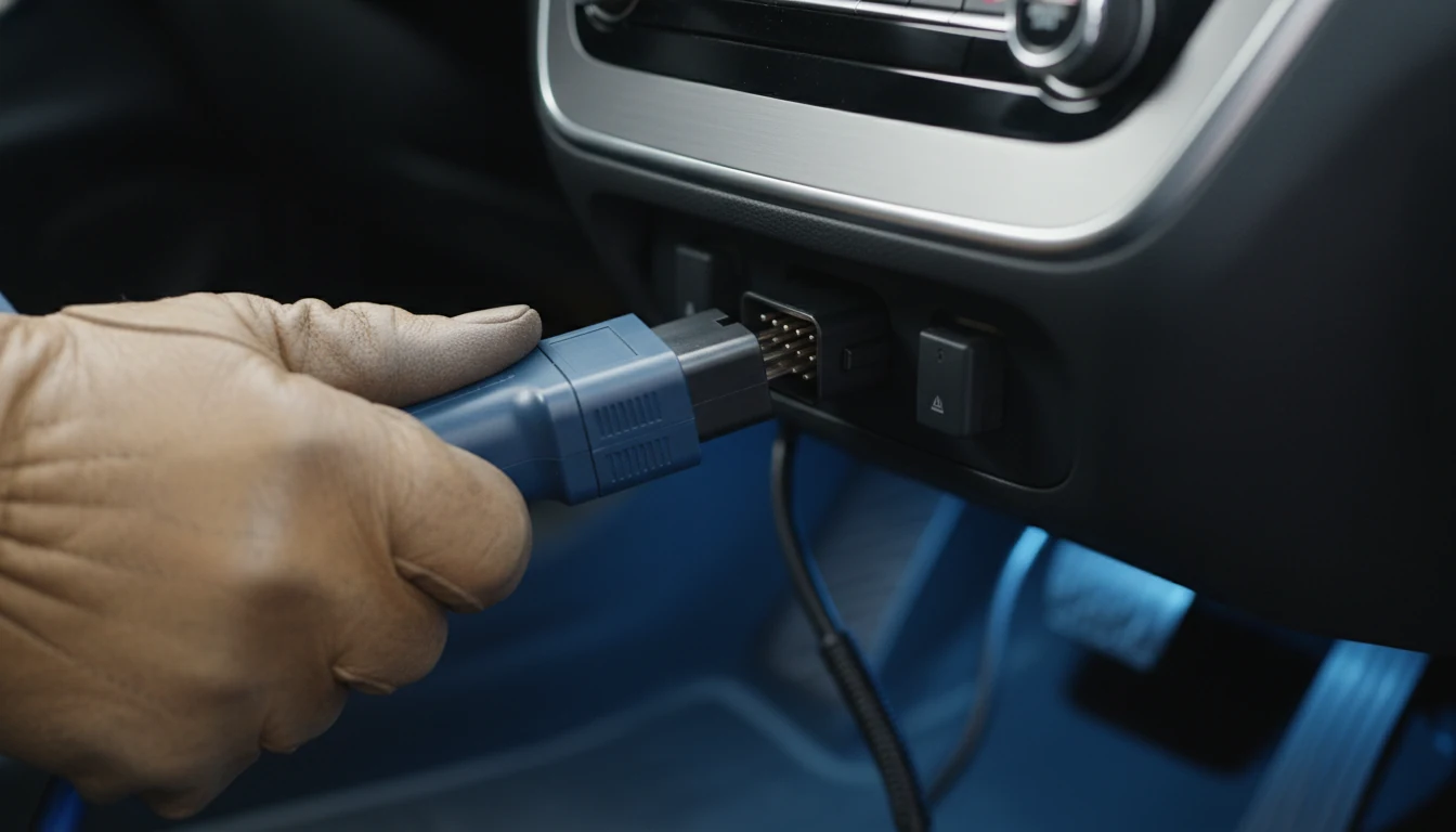 A technician connecting a professional scan tool to a car's OBD-II port under the dashboard.
