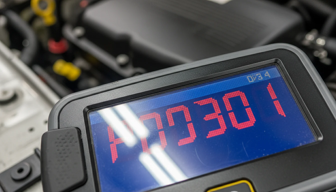A digital scanner screen showing a P0301 powertrain diagnostic trouble code.