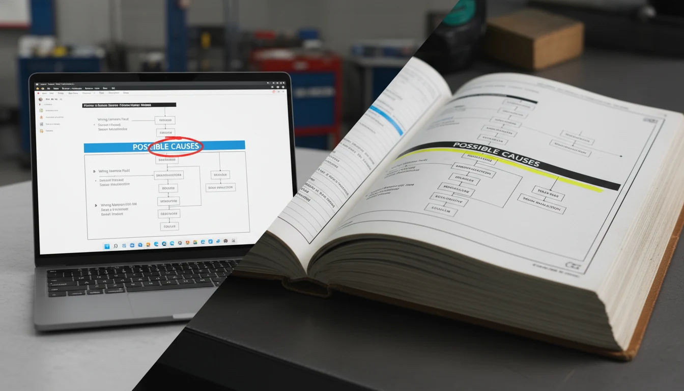 Comparing a digital factory manual and a physical manual for diagnostic code charts.