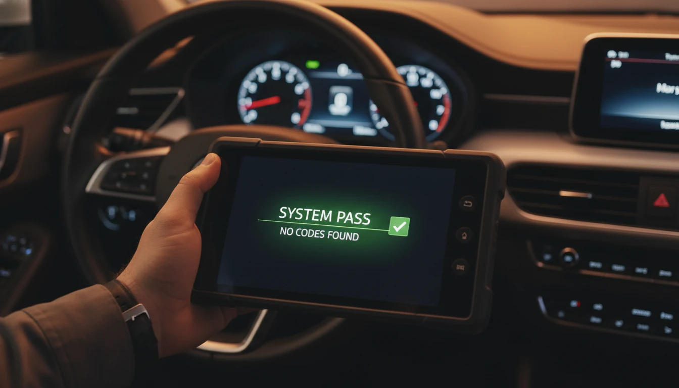 A handheld scanner showing no diagnostic trouble codes after a successful repair.
