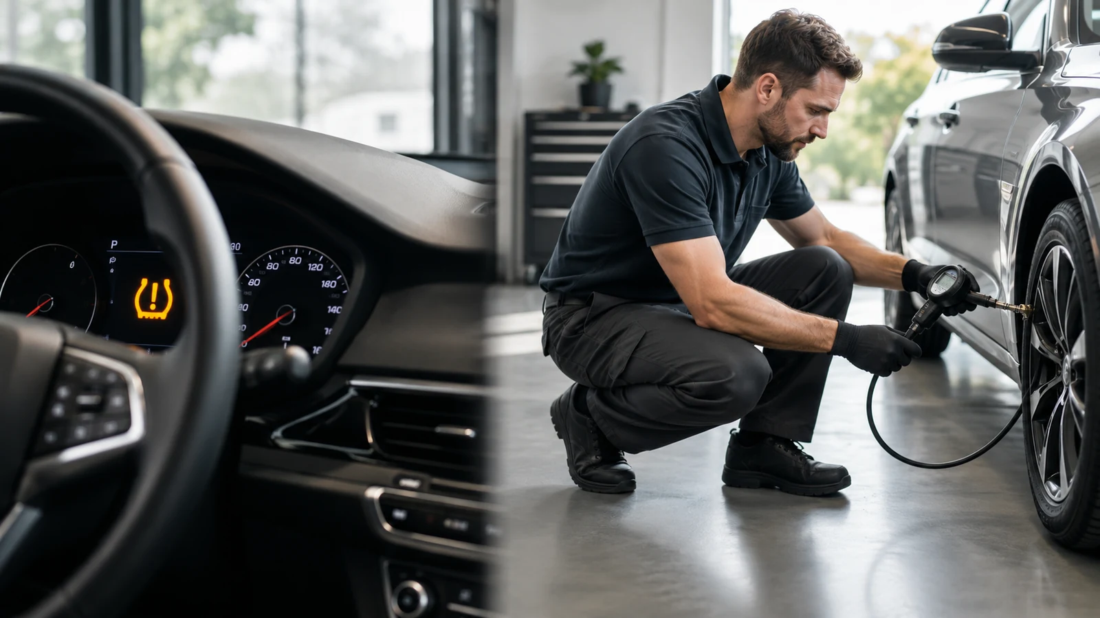 Mechanic checking tire pressure warning light