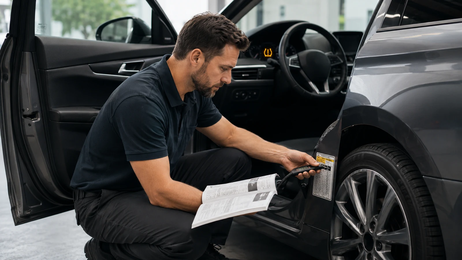 Driver checking tire pressure before reset