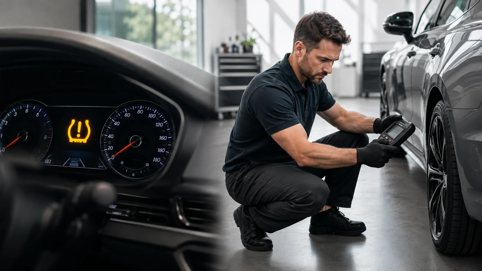 Technician diagnosing flashing TPMS warning light