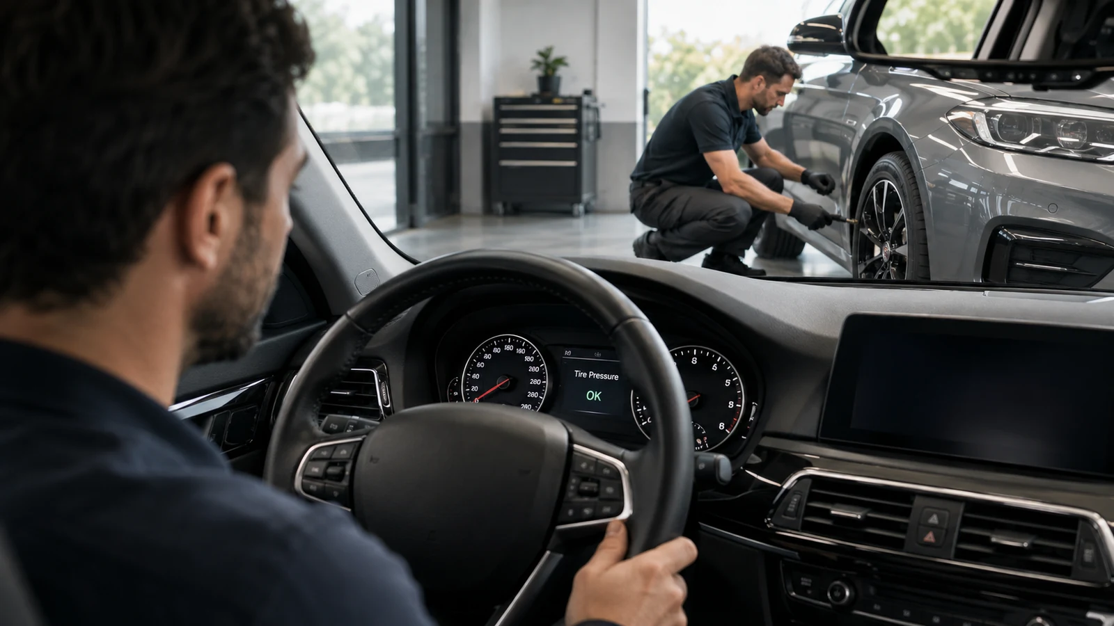 Technician completing TPMS reset after service