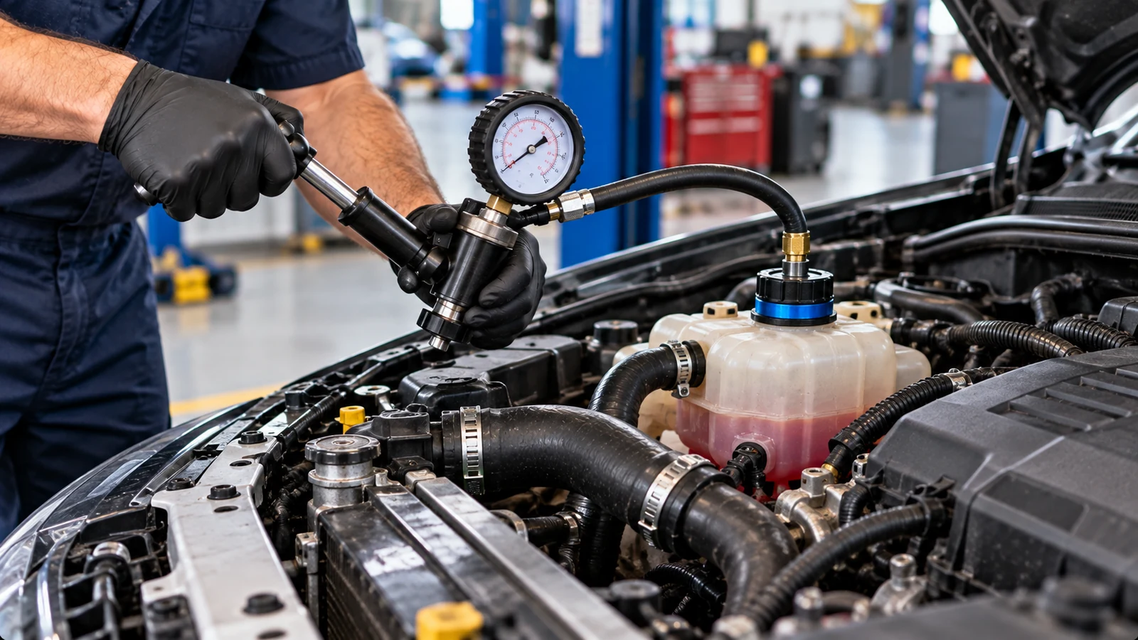 Technician pressure testing a cold cooling system