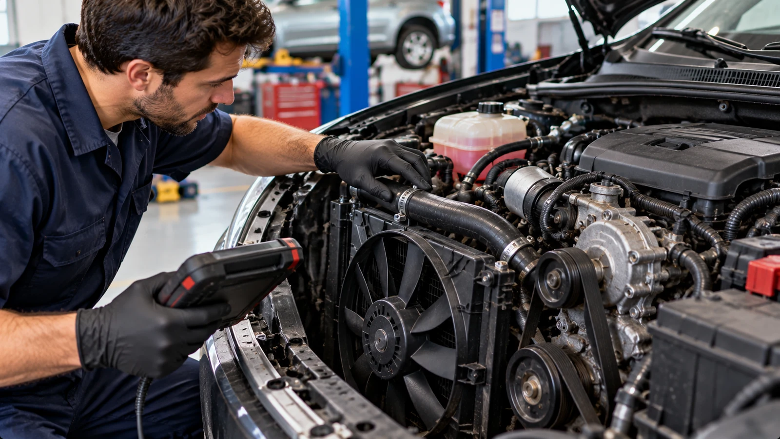 Mechanic diagnosing cooling fan and thermostat operation