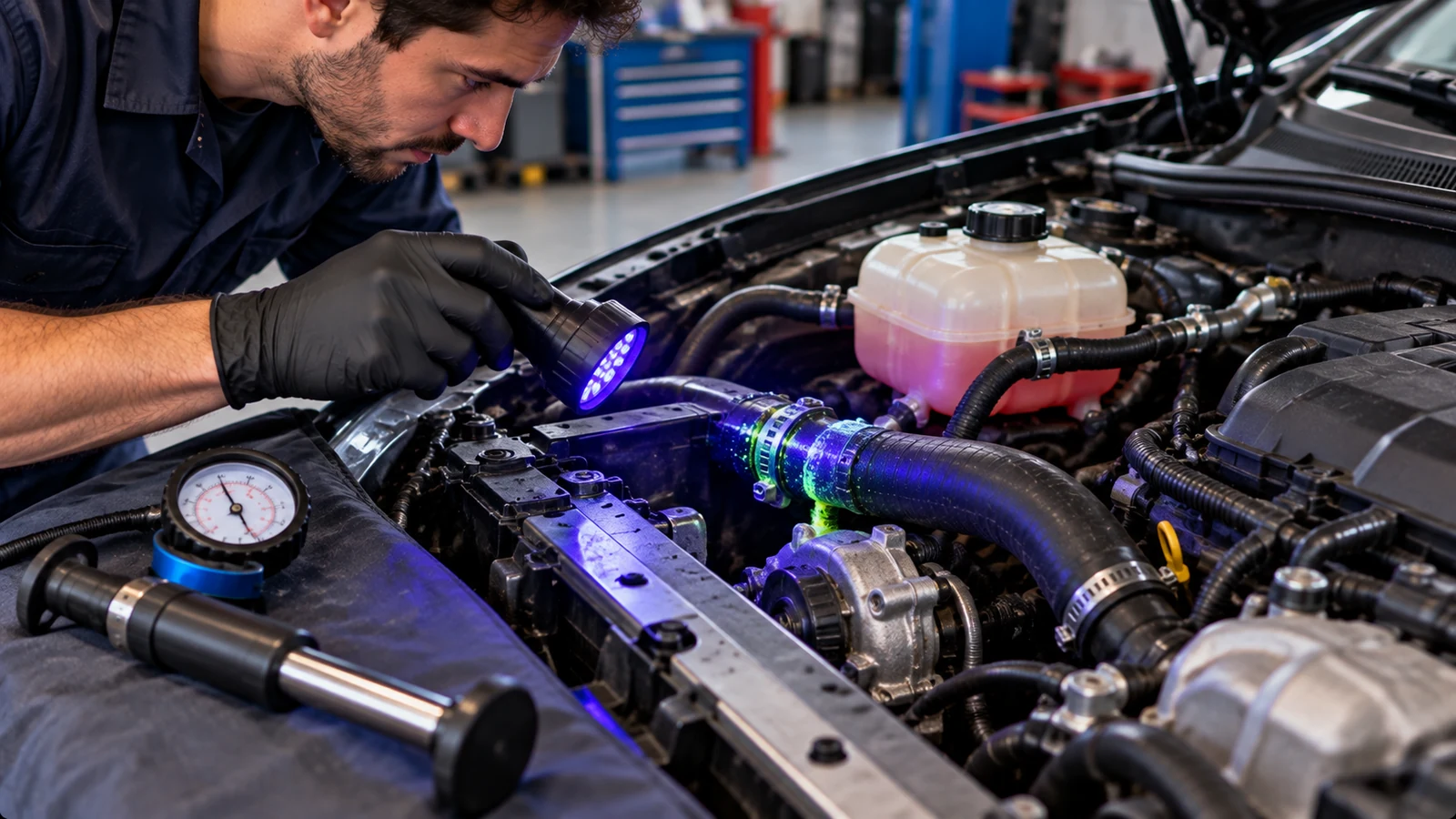 UV lamp tracing coolant leak in engine bay