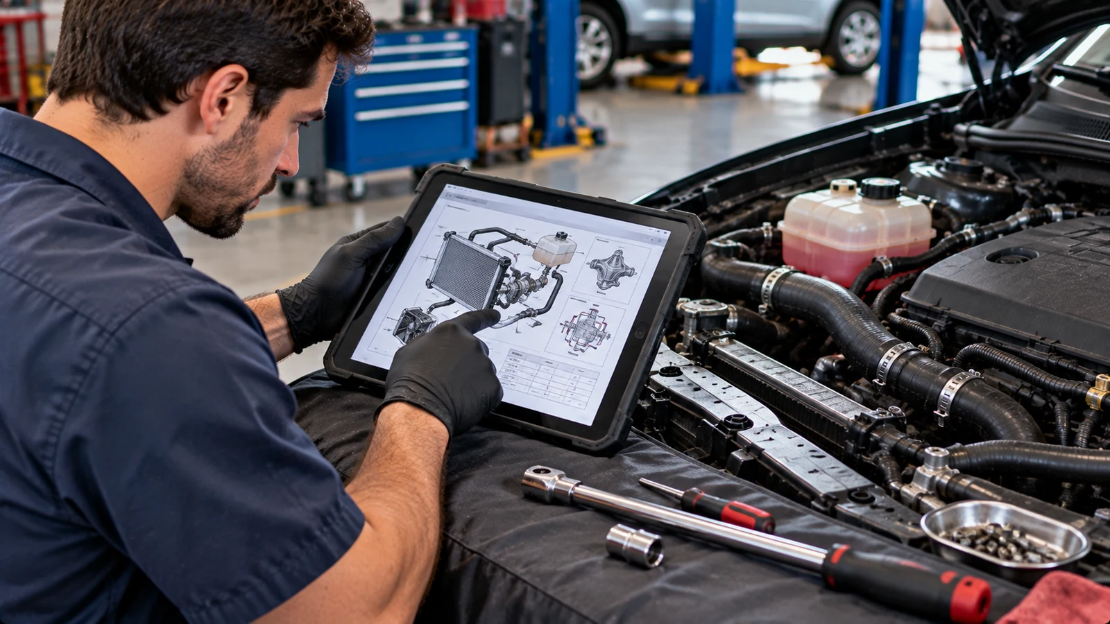 Technician checking vehicle-specific cooling repair procedures