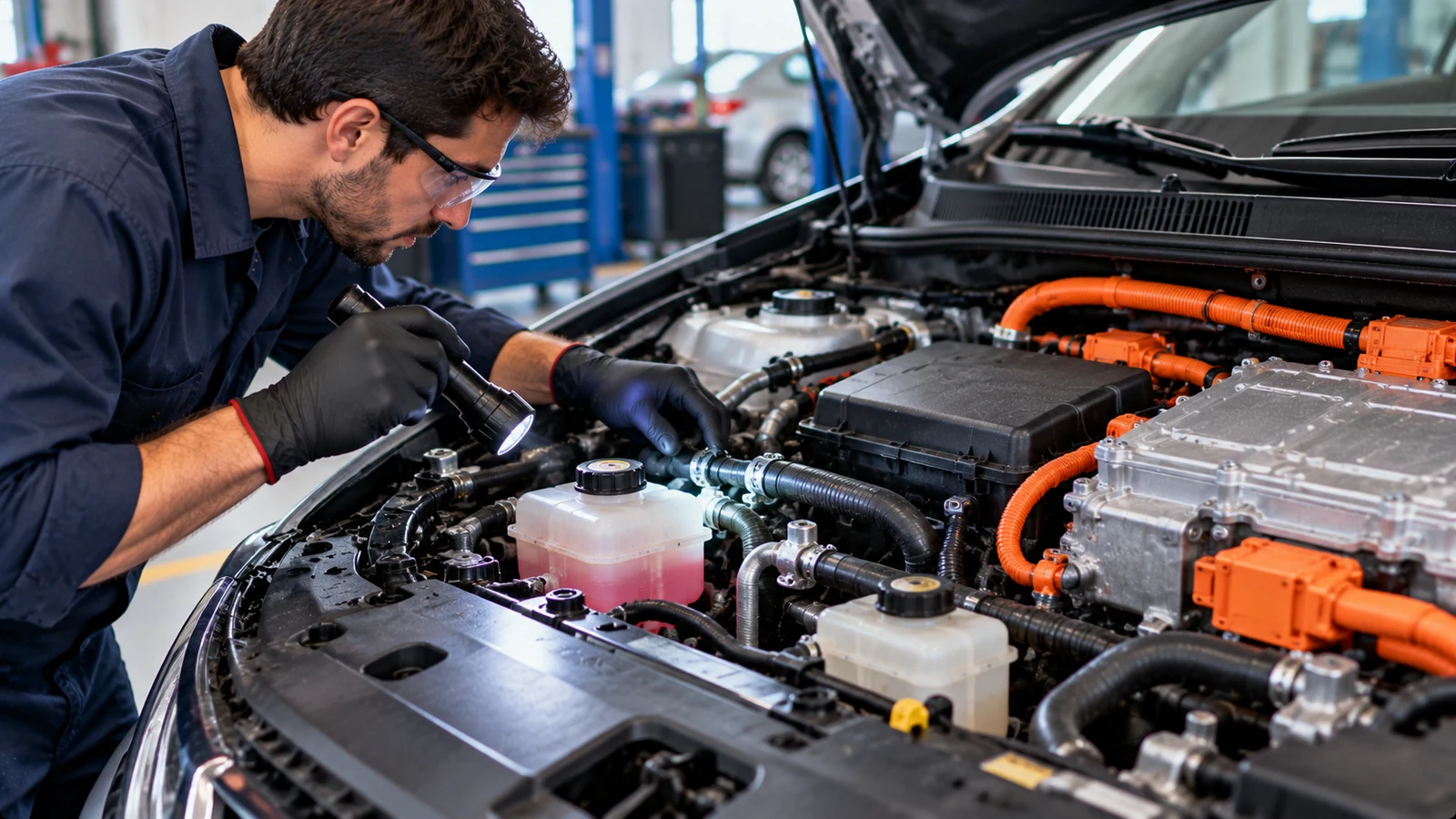 Hybrid cooling system inspected with high-voltage precautions