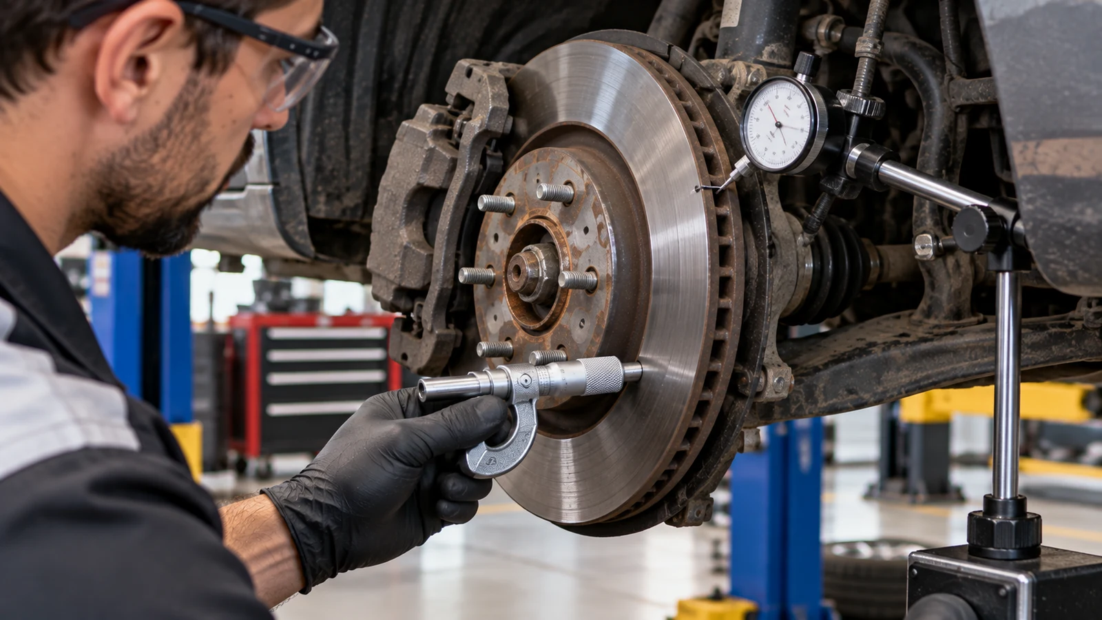 Measuring brake rotor thickness and lateral runout