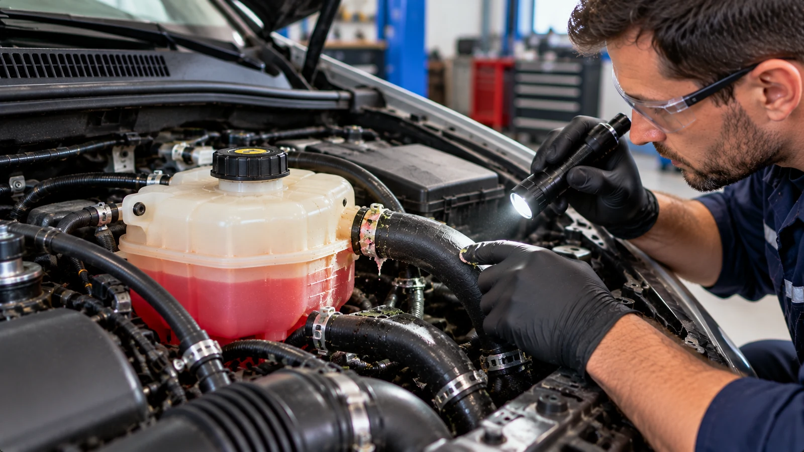 Technician checking coolant reservoir for leak clues