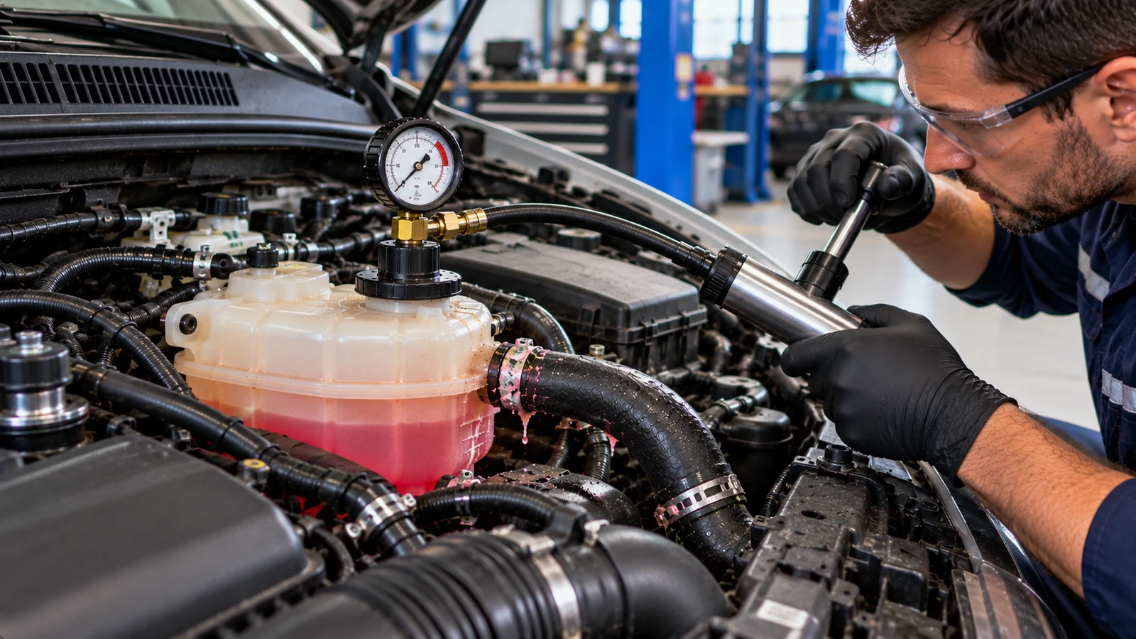Cooling system pressure test reveals hose leak