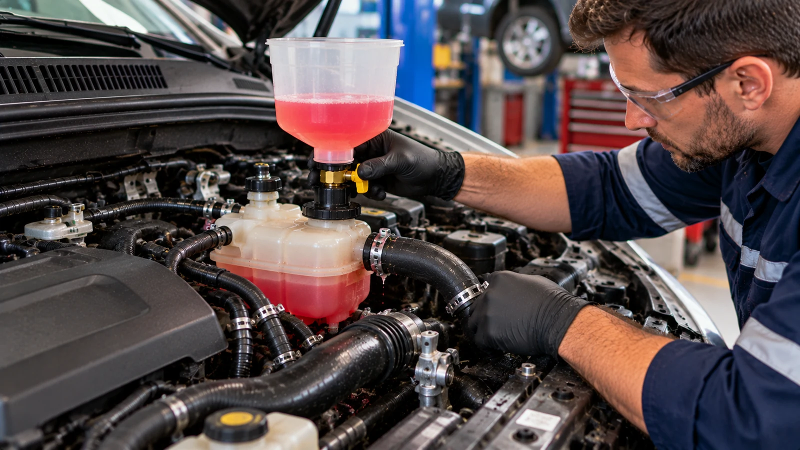 Mechanic bleeding cooling system after hose repair