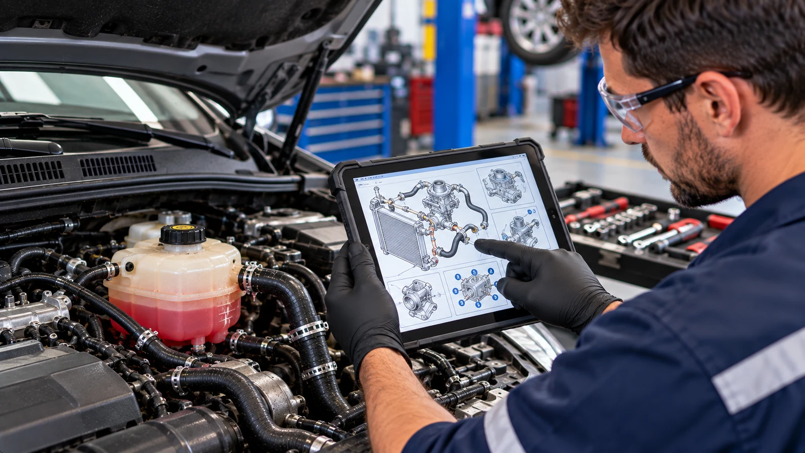 Technician checking factory cooling system repair procedure