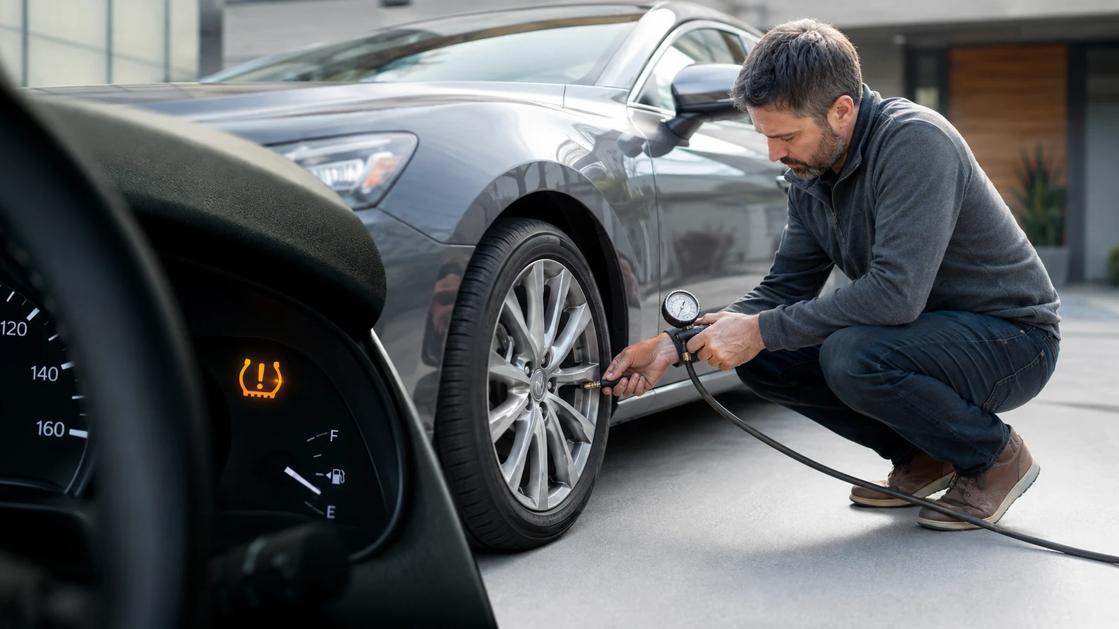 Driver checking tire pressure warning light
